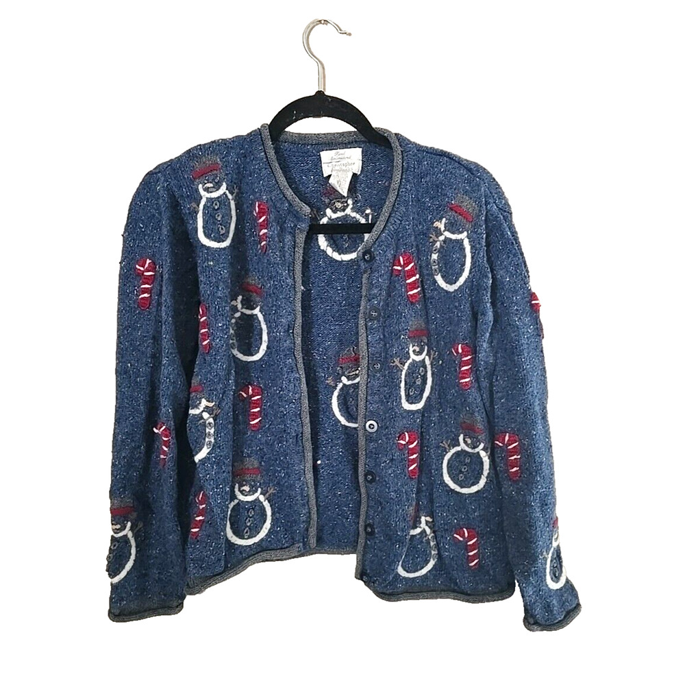 Christopher & Banks Blue Christmas Snowman Knit Cardigan Sweater Womans Sz Small